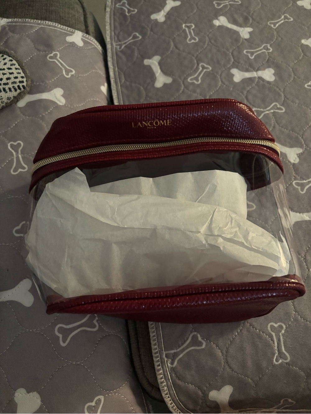 Lancôme Burgundy and Clear Makeup Case with Gold Zip